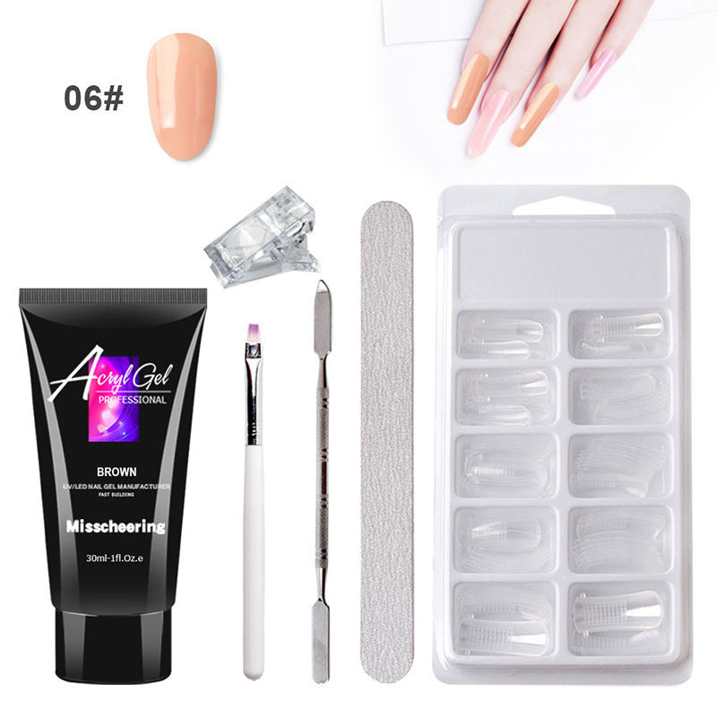 Acrylic nail extension kit with 18 pieces including gel polish, nail brush and color bar in leather case