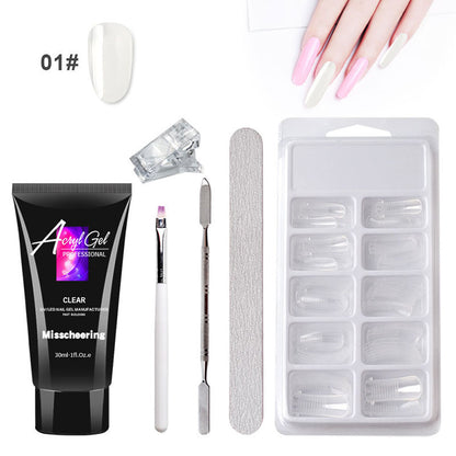 Acrylic nail extension kit with 18 pieces including gel polish, nail brush and color bar in leather case.