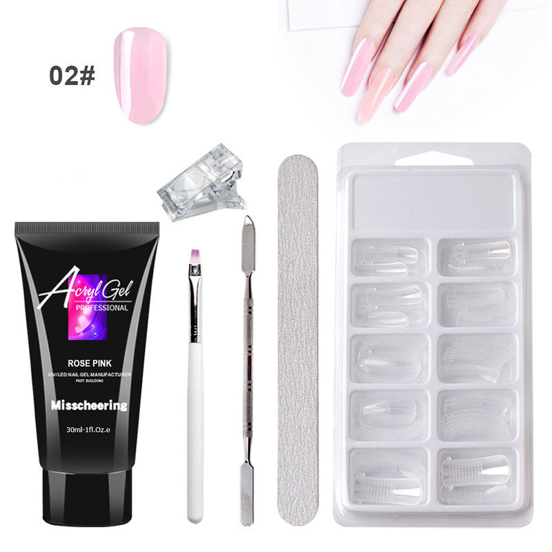 Acrylic nail extension kit with 18 pieces including gel polish, nail brush and color bar in leather case.