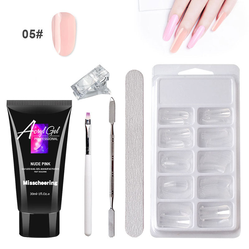 Complete nail extension kit with 30ml gel adhesive and manicure tools.