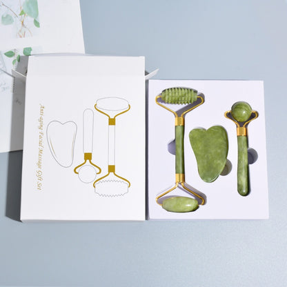 Jade Facial Roller & Gua Sha Set - Natural jade stone face massager tool 3-piece collection