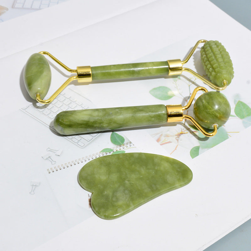 Jade Facial Roller & Gua Sha Set - Natural jade stone face massager tool 3-piece collection