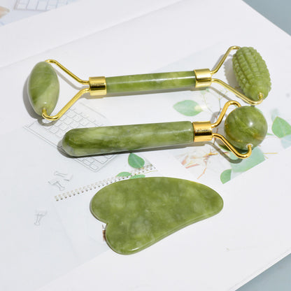 Jade Facial Roller & Gua Sha Set - Natural jade stone face massager tool 3-piece collection