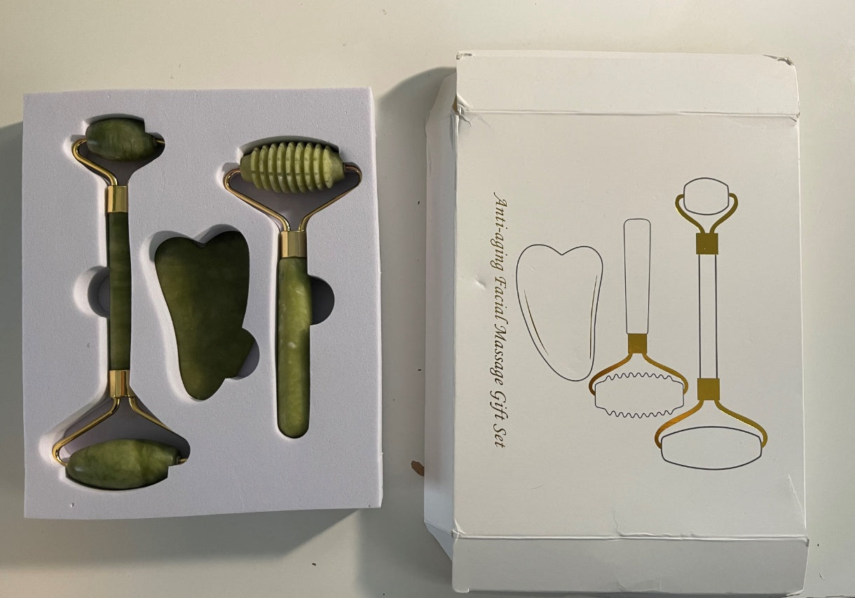 Jade Facial Roller & Gua Sha Set - Natural jade stone face massager tool 3-piece collection