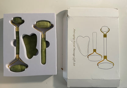 Jade Facial Roller & Gua Sha Set - Natural jade stone face massager tool 3-piece collection