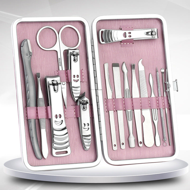 Complete set of manicure tools including nail clippers, files, cuticle pushers and scissors.