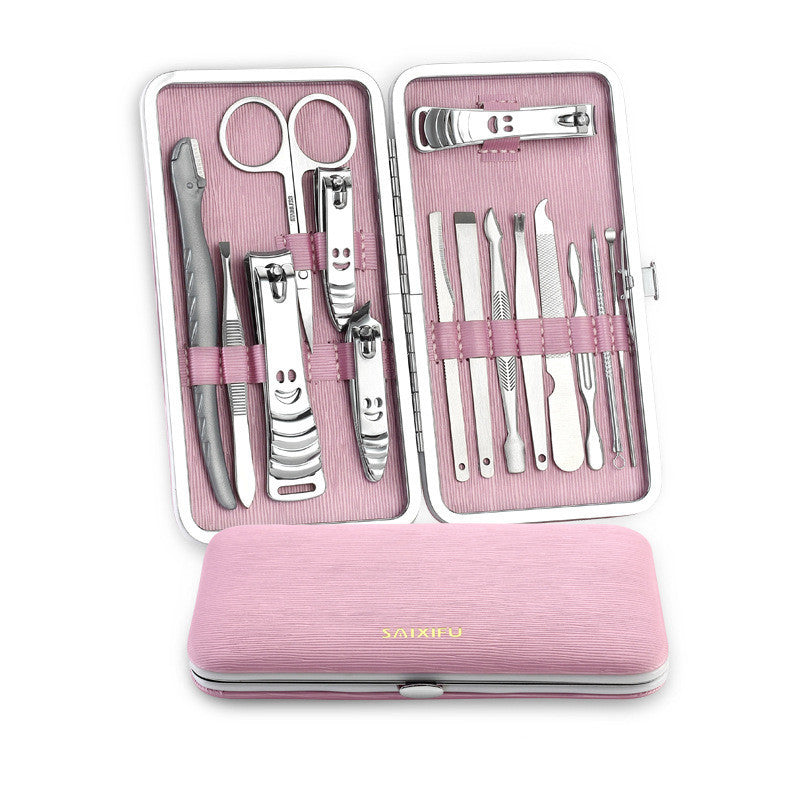 Stainless steel nail clipper from 15-piece manicure set with ergonomic handle.