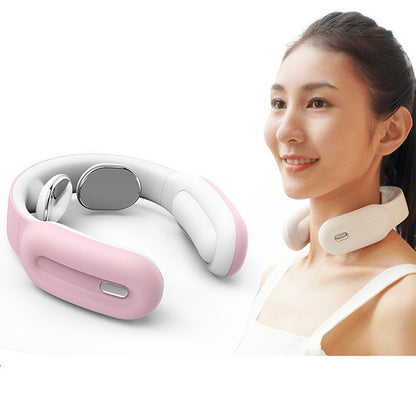 Person wearing wireless neck massager with heat for neck pain relief