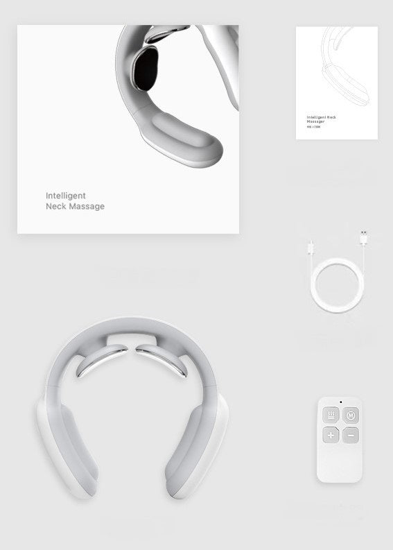 Person wearing wireless neck massager with heat for neck pain relief