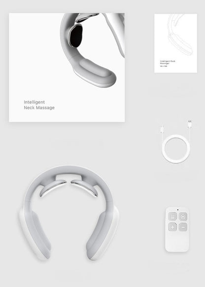 Person wearing wireless neck massager with heat for neck pain relief